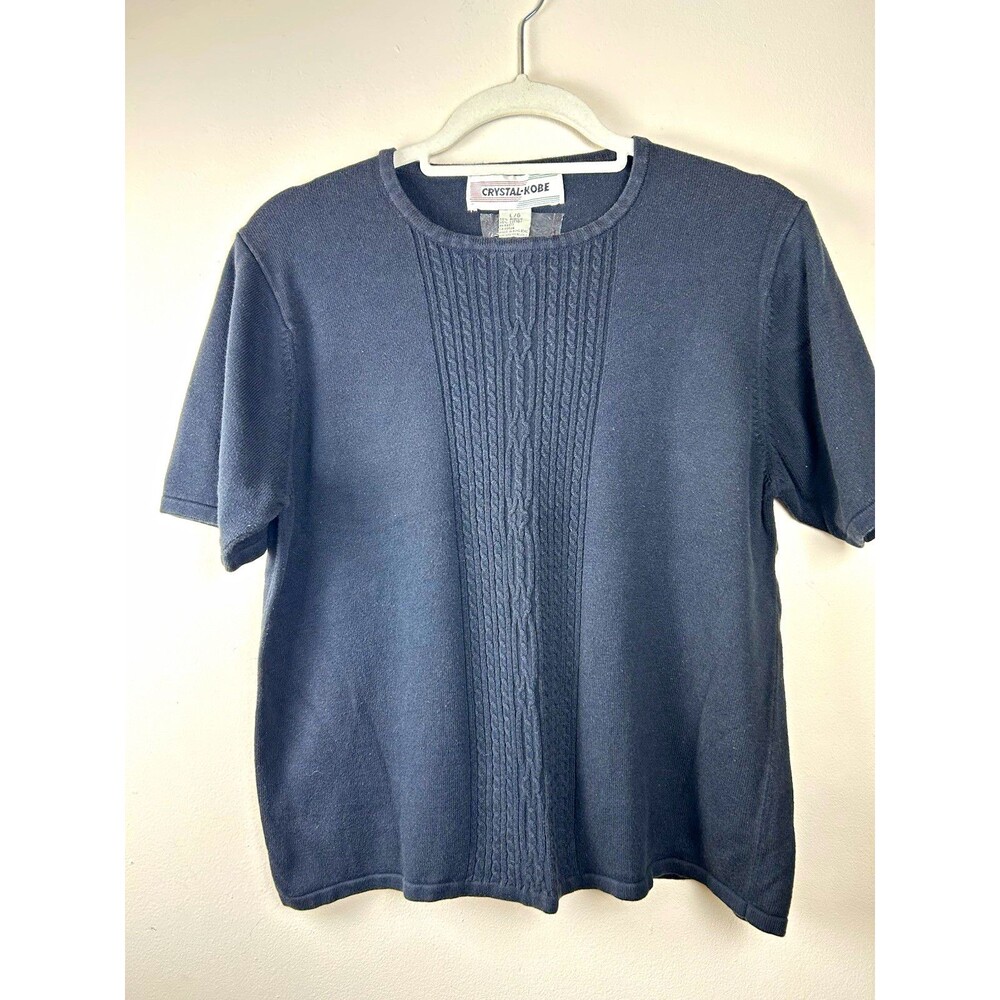 Vintage 90s CRYSTAL-KOBE L Black Cable Knit Crew Neck Short Sleeve Sweater